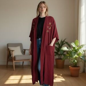 Health Kimono Robe Womens L Red Dragon Embroidered Vintage Loungewear